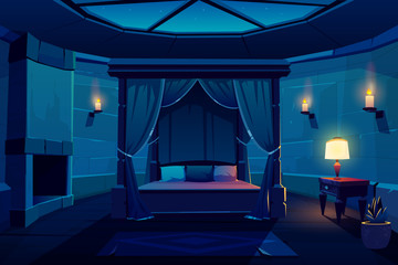 Night modern hotel luxury apartments in medieval castle, ancient mansion, kings bedroom in burning candles light cartoon vector interior. Huge wooden bed with curtain, antique furniture and fireplace