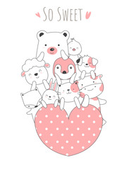 Cute baby animal with heart cartoon hand drawn style,for printing,card, t shirt,banner,product.vector illustration