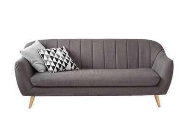 Gray soft sofa with 2 pillows. Modern design sofa isolated on white background