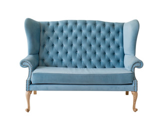 Blue soft sofa with fabric upholstery isolated on white