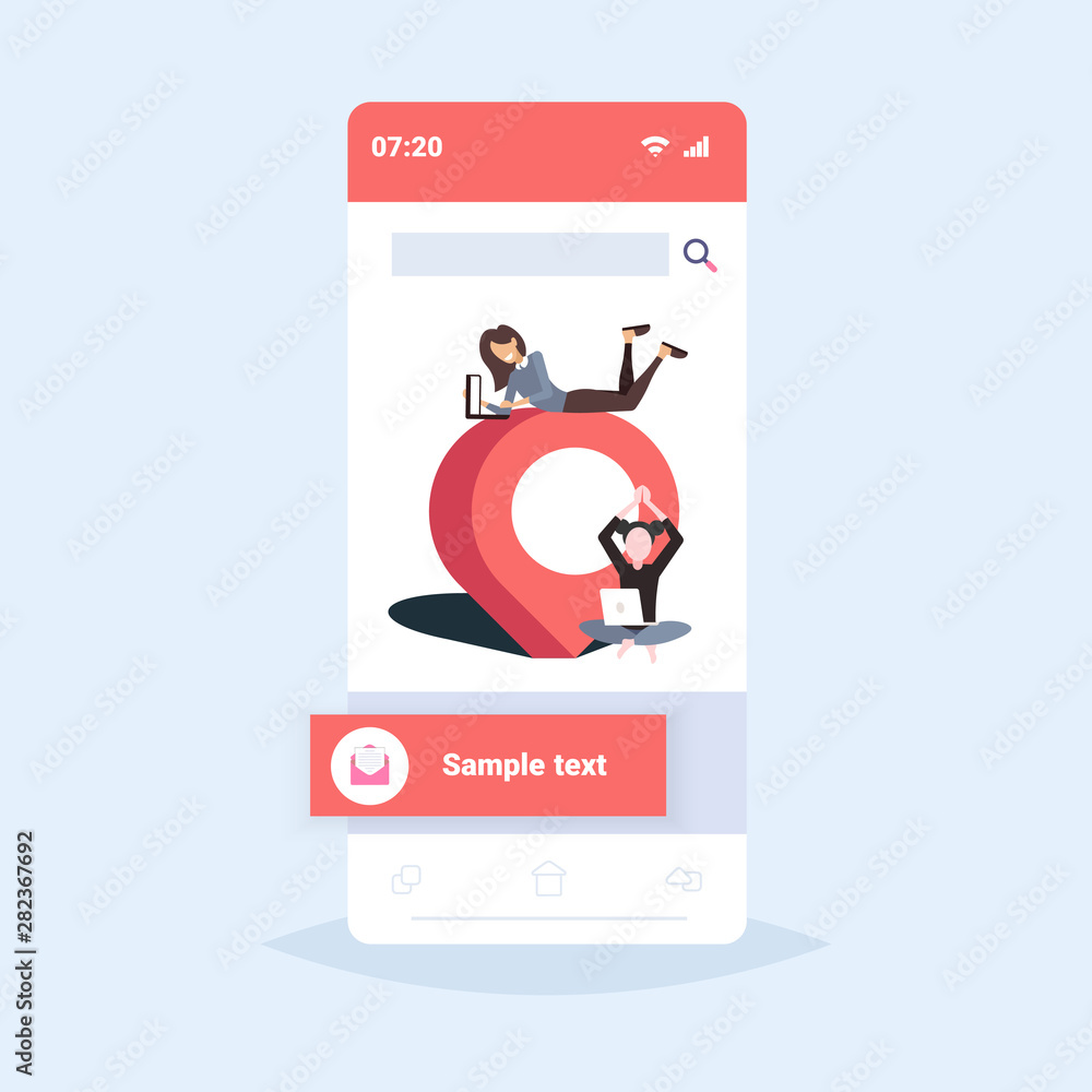 Poster girls working on laptop using navigation app geo pin tag pointer women couple with location marker g