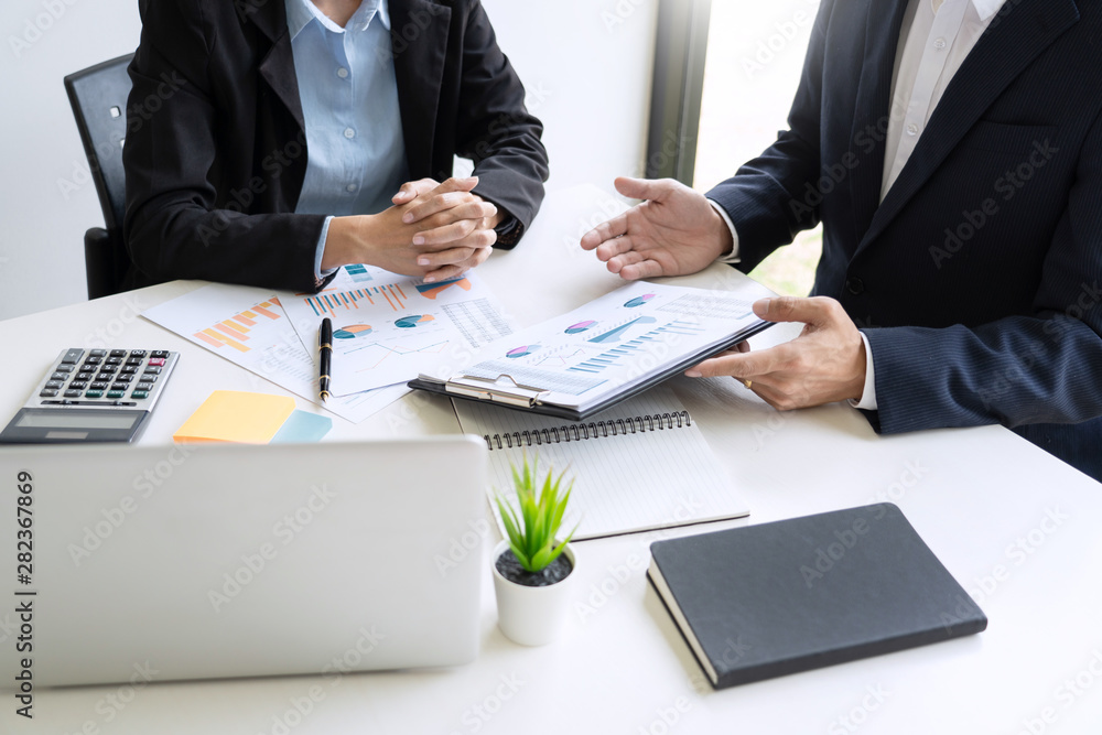Poster business people talking discussing with coworker planning analyzing financial document data charts a