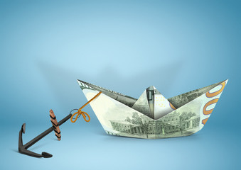 finance concept, ship made of money with anchor, copy space