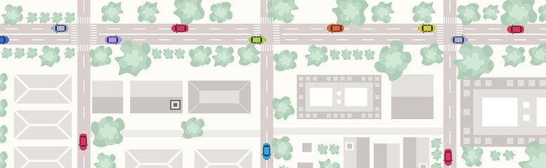 birds eye aerial view or plan of downtown modern city with commercial living buildings streets and cars on roads urban map cityscape top angle view flat horizontal © mast3r