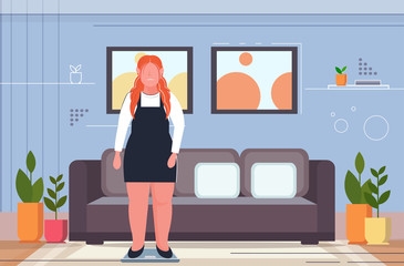 fat overweight woman standing on weigh scales obesity weight control concept obese redhead girl over size female cartoon character modern living room interior full length flat horizontal