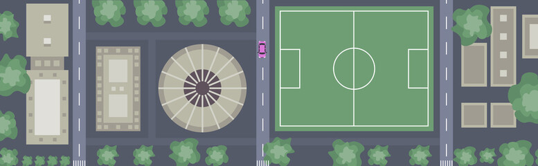 birds eye aerial view or plan of downtown modern city with buildings streets football field and cars on roads urban map cityscape top angle view flat horizontal