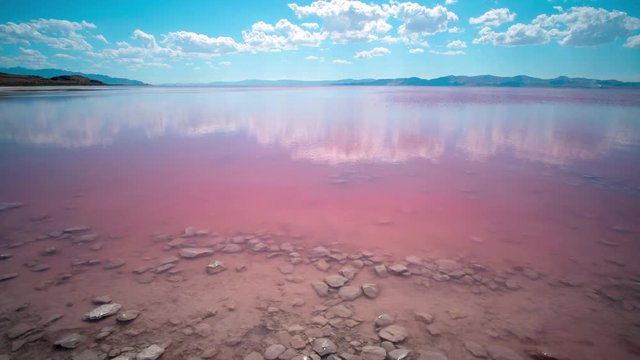 Time lapse overlooking the Great Salt Lake in pink color due to halophilic bacteria in the water.