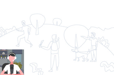 girl streamer playing computer games woman wearing microphone and headphones commentating online video live chat shooter game process show streaming concept doodle horizontal