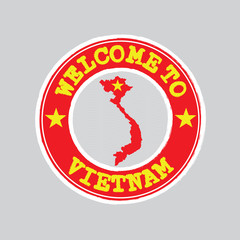 Vector stamp of welcome to Vietnam with map outline of the nation in center.