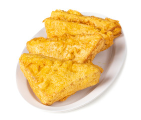 Indian Fried Snack Bread Pakora. It is also known as bread bhaji. A common street food, it is made from bread slices, gram flour, and spices among other ingredients