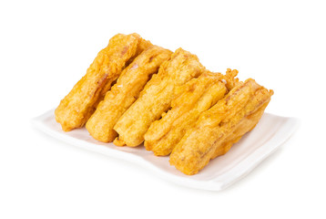 Indian Fried Snack Bread Pakora. It is also known as bread bhaji. A common street food, it is made from bread slices, gram flour, and spices among other ingredients