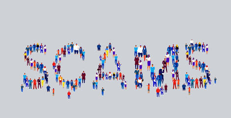 businesspeople crowd gathering in shape of scams word different business people employees group standing together social media community concept flat horizontal