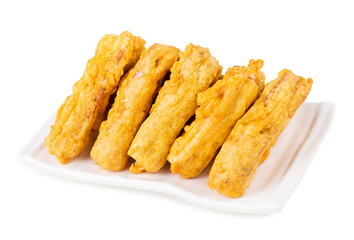 Indian Fried Snack Bread Pakora. It is also known as bread bhaji. A common street food, it is made from bread slices, gram flour, and spices among other ingredients