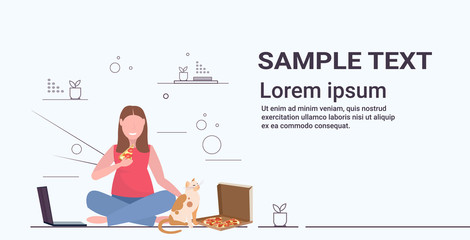 fat obese woman sitting on floor with cat overweight girl eating pizza using laptop unhealthy nutrition obesity concept flat full length horizontal copy space