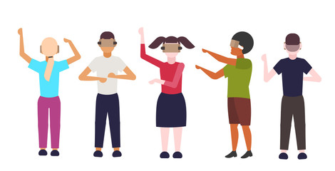 people group wearing modern 3d glasses mix race men women experiencing virtual reality through headset vision vr digital technology concept cartoon characters flat full length horizontal