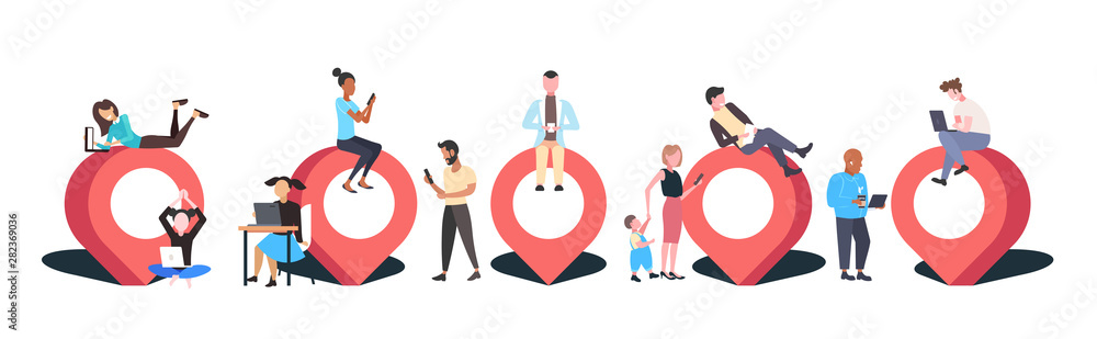 Poster people using digital gadgets geo pin tag pointer business people with location marker gps navigation