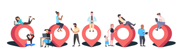 people using digital gadgets geo pin tag pointer business people with location marker gps navigation business position concept flat full length horizontal