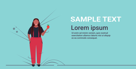 fat obese woman holding apple african american overweight girl eating fresh fruits healthy nutrition weight loss diet concept horizontal full length copy space