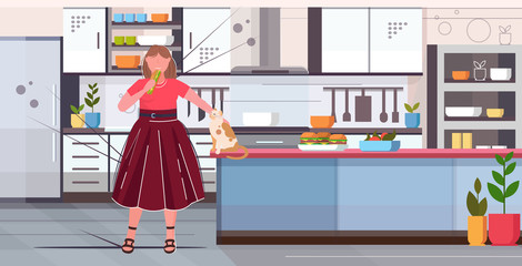 fat obese woman holding sandwich overweight girl eating fast food unhealthy nutrition obesity concept modern kitchen interior flat full length horizontal