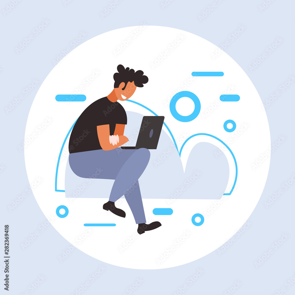 Poster man downloading content from cloud guy using