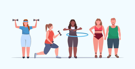 Obraz premium set fat obese people doing different physical exercises mix race overweight men women training workout weight loss concept flat full length horizontal