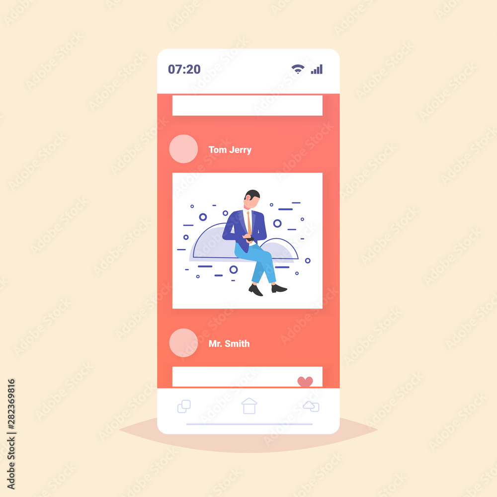 Poster businessman downloading content from cloud business man using cellphone online data synchronization 
