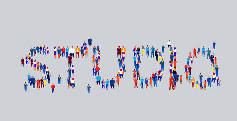 businesspeople crowd gathering in shape of studio word different business people employees group standing together social media community concept flat horizontal