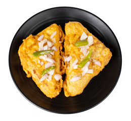 Indian Fried Snack Bread Pakora. It is also known as bread bhaji. A common street food, it is made from bread slices, gram flour, and spices among other ingredients