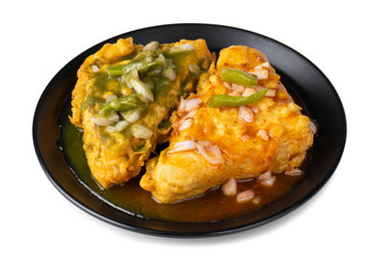 Indian Fried Snack Bread Pakora. It is also known as bread bhaji. A common street food, it is made from bread slices, gram flour, and spices among other ingredients