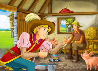 Cartoon scene with prince or king and farmer rancher in the barn pigsty illustration for children