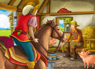 Cartoon scene with prince or king and farmer rancher in the barn pigsty illustration for children