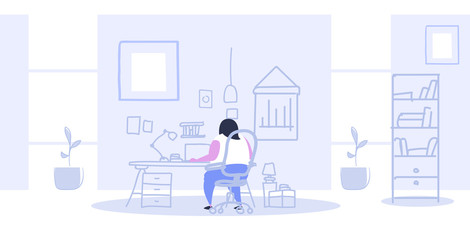 fat obese businesswoman sitting at workplace desk overweight woman using laptop working process concept modern office interior sketch rear view full length horizontal