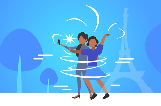 women taking selfie photo on smartphone camera african american girls couple standing together travel concept paris abstract city silhouette background flat full length horizontal