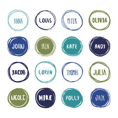 16 hand drawn scribble colorful circles with names vector set. Logo design and decoration elements