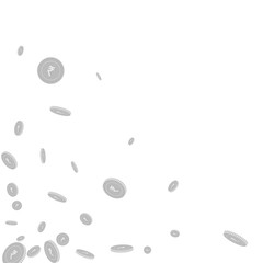 Indian rupee coins falling. Scattered black and wh