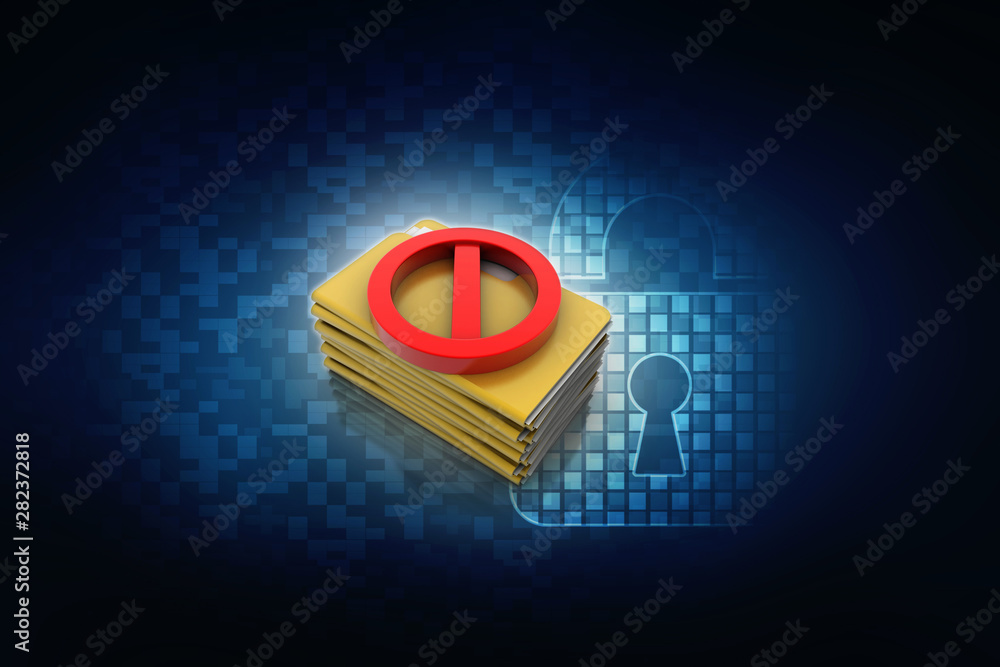 Poster 3d rendering red stop symbol and yellow folder