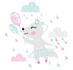 Wolf baby girl cute print. Sweet she-wolf flying on balloons among cloud. Ballet tutu, pointe, shoes.