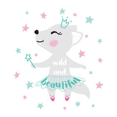 Obraz na płótnie Canvas Wolf baby girl cute print. Sweet wolf ballerina dancing with magic wand, ballet tutu, pointe shoes. Wild and beautiful slogan.