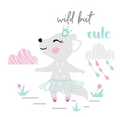 Wolf baby girl cute print. Sweet she-wolf ballerina dance with ballet tutu, pointe and wild but cute slogan