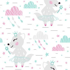 Wolf baby girl cute seamless pattern. Sweet she-wolf with magic wand, crown, tutu, pointe. Cloud star sky