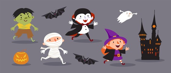 Happy Halloween, a set of cute characters for your festive design. Witch, vampire, mummy, ghoul, dead man, ghost, bat, castle, pumpkin. Isolated vector illustration