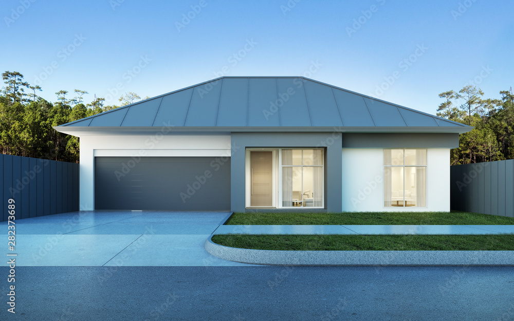 Aufkleber view of modern house in australian style on pine forest and blue sky background,small building with 