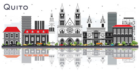 Fototapeta premium Quito Ecuador City Skyline with Gray Buildings and Reflections Isolated on White.