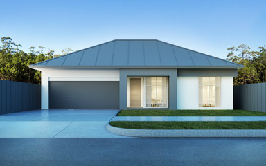 View of modern house in Australian style on pine forest and blue sky background,small building with metal sheet roof design. 3D rendering. - obrazy, fototapety, plakaty