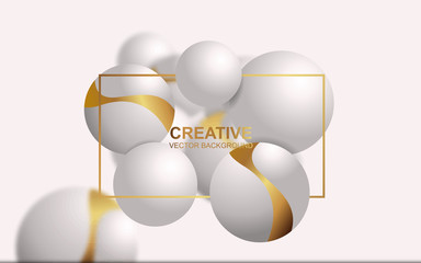 Abstract 3d background with golden strip and white realistic sphere composition. Luxury, trendy and modern cover design concept. Creative vector illustration template for use element poster and banner