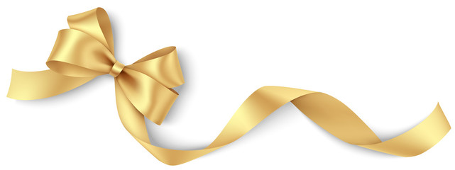 Decorative golden bow with long ribbon isolated on white background. Holiday decoration. Vector illustration - obrazy, fototapety, plakaty