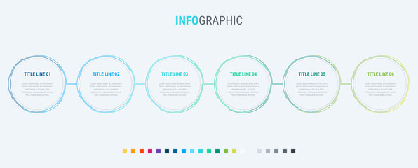 Infographic template. 6 options circle design with beautiful colors. Vector timeline elements for presentations.