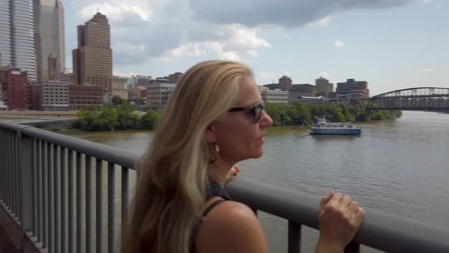 Walking over the Smithfield bridge in Pittsburgh, PA.