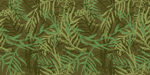 Hand drawn camo with leaf, seamless pattern. Grunge branches and herbs green camouflage background. Distressed texture wallpaper. Fabric design. Ink vector 