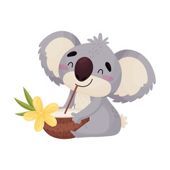 Cartoon cute humanized koala drinks a cocktail. Vector illustration on white background.